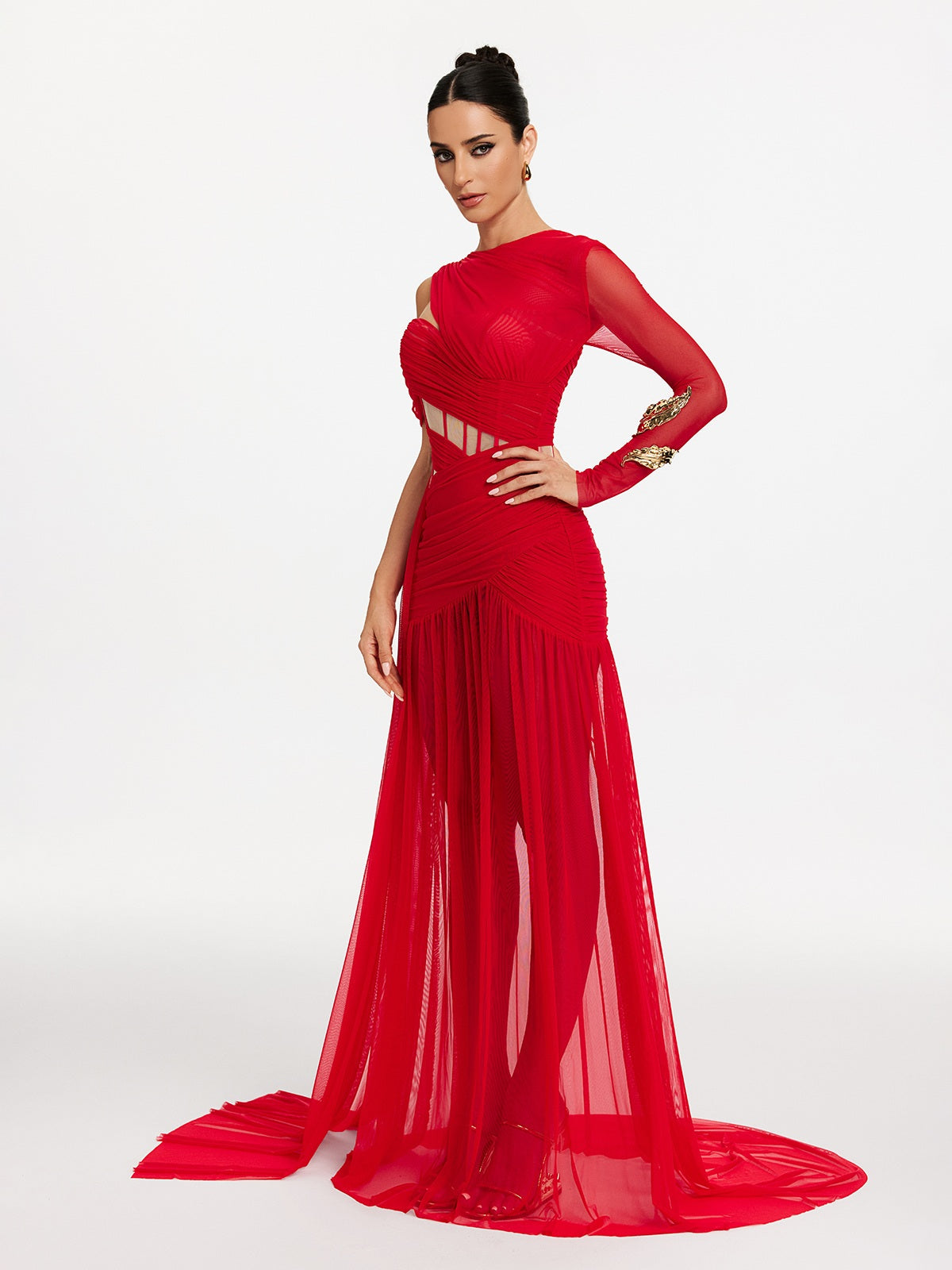 Corset Cutout Mesh Maxi Dress In Red