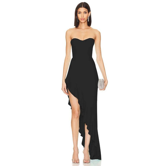 Strapless Asymmetric Ruffle Edge Long Bandage Dress - REBECATHELABEL