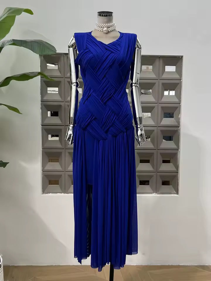 Mesh Folds Cross Weaving Design Bodycon Long Dress