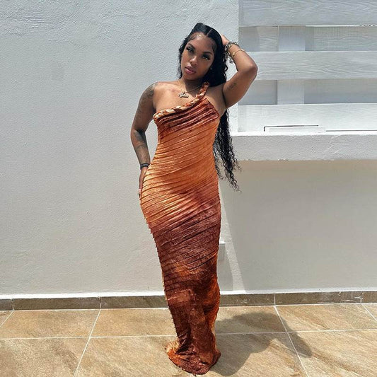 Vintage Personality Diagonal Collar Sexy Suspenders Maxi Dress - REBECATHELABEL