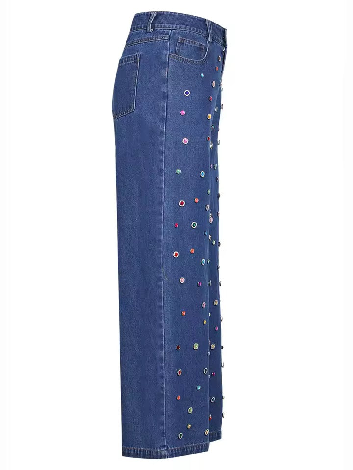 Nail Bead Denim Shirt Long Pants Set