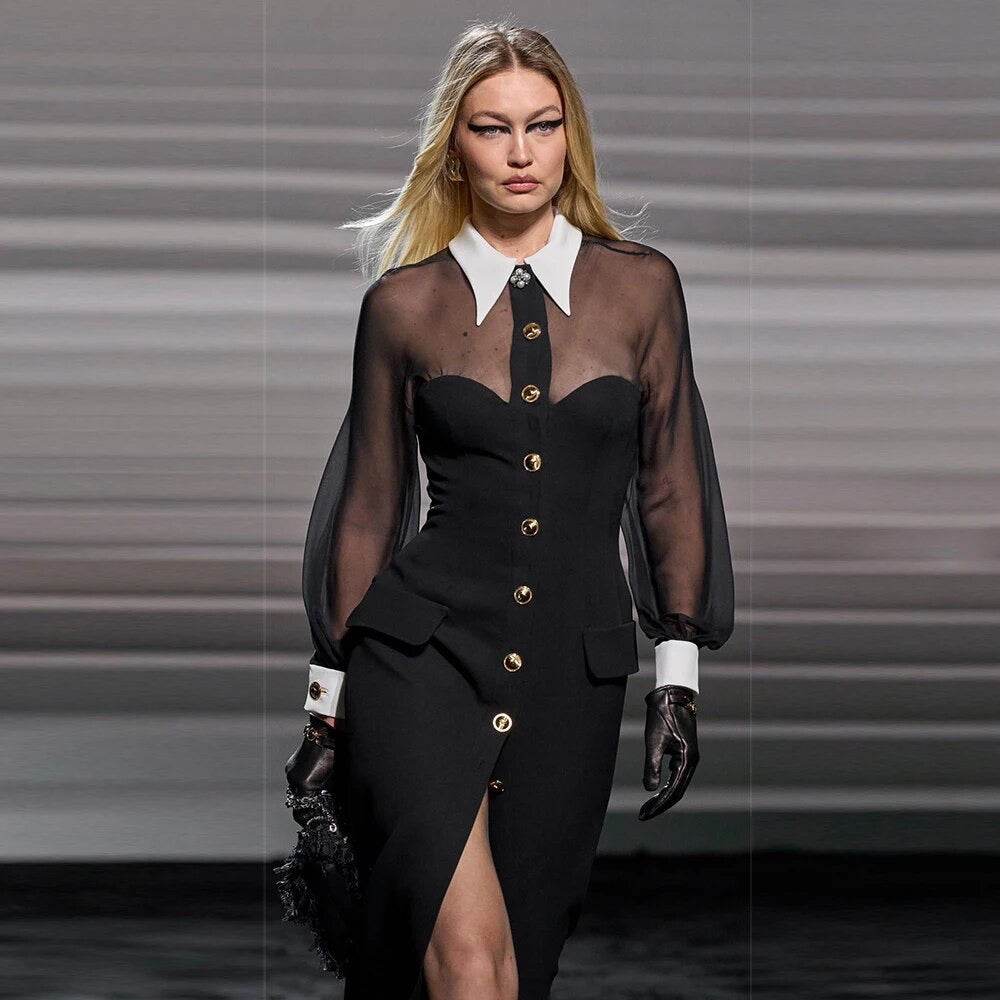 Lapel Bandage Dress Sexy Long Sleeve Button - REBECATHELABEL