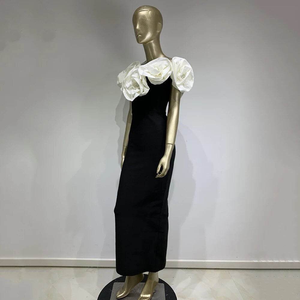 Off Shoulder 3D Flower Design Tight Long Bandage Dress - REBECATHELABEL