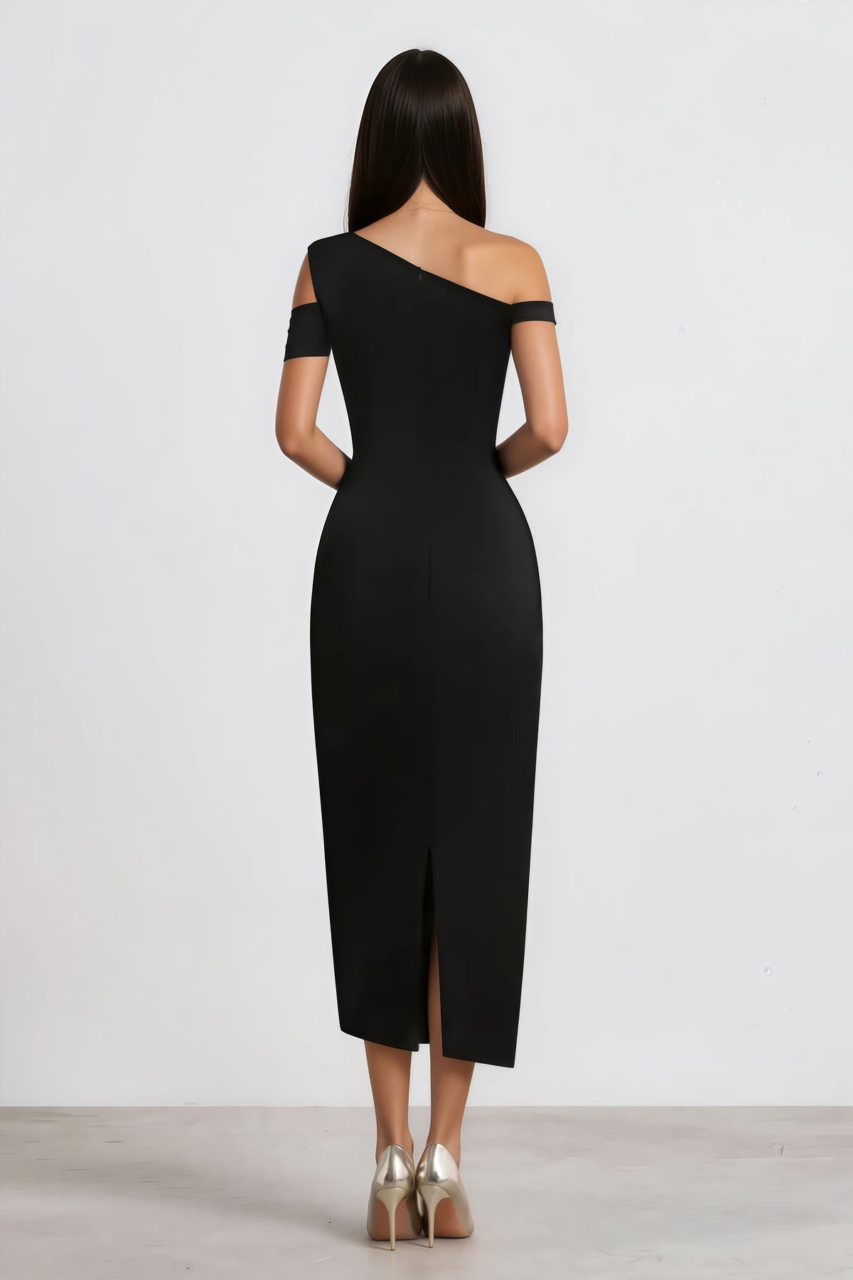 Black One Shoulder Asymmetrical Midi Dress