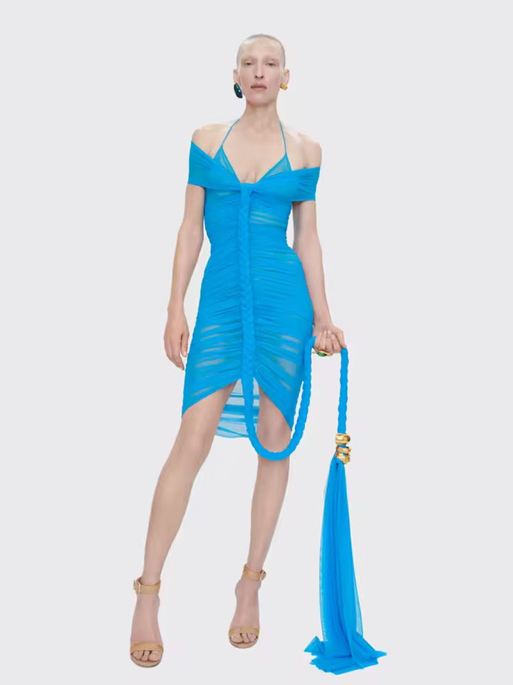 Halter Neck Patchwork Twist Knot Rope Folds Long Dress