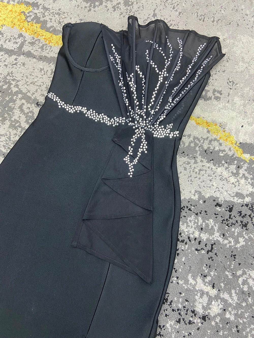 Black Formal Evening Dress Sparkling Diamond Sexy Strapless dress - REBECATHELABEL