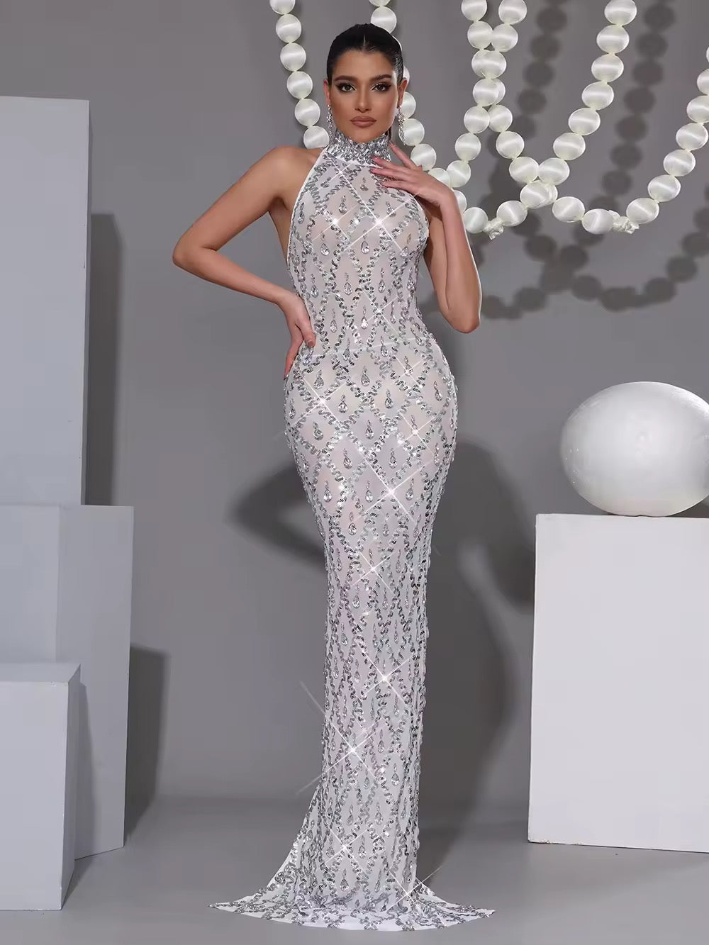 Shining Diamond Sequins Mesh Long Dress Evening Prom Birthday Dress