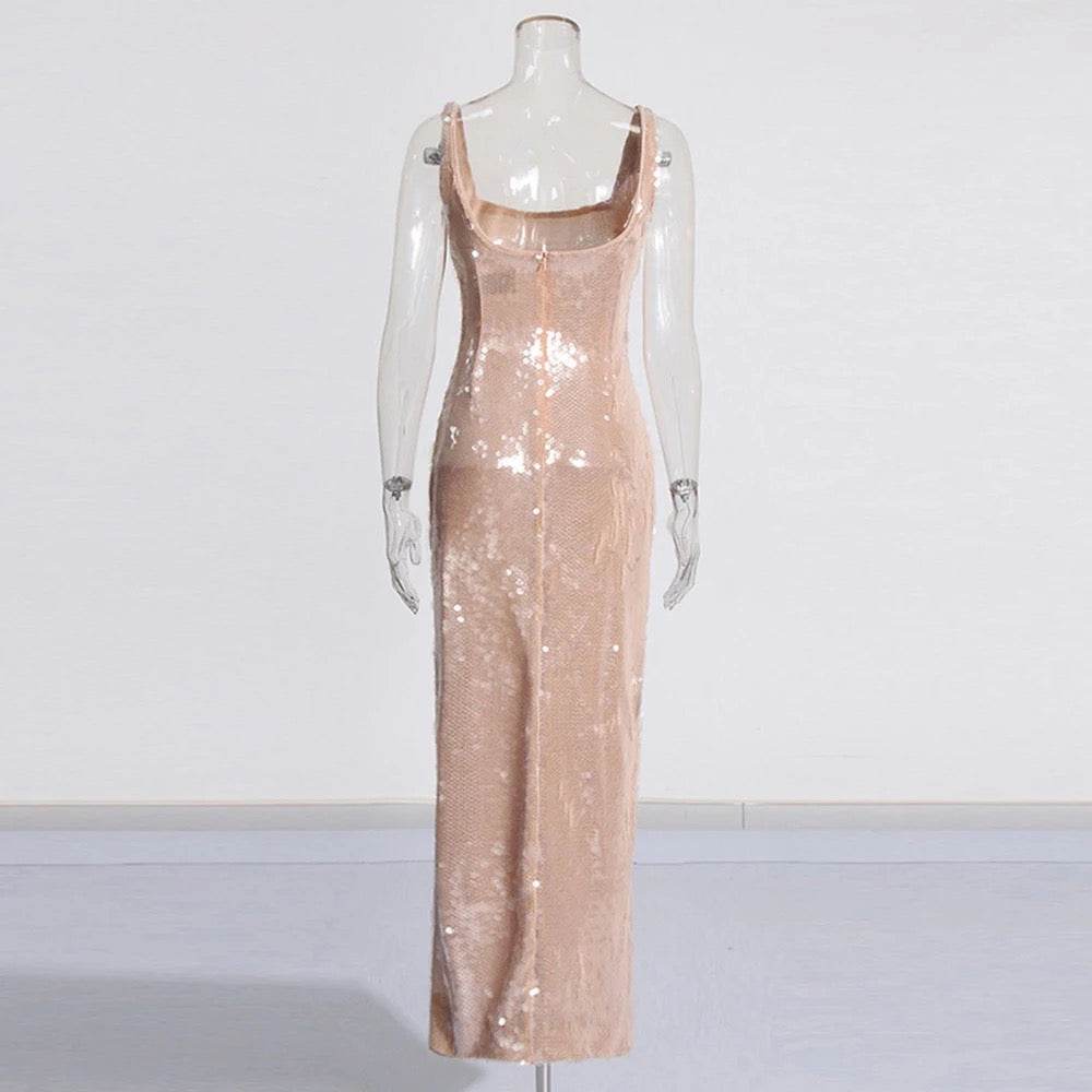 Sequin Sheep Square Collar Maxi Dress - REBECATHELABEL