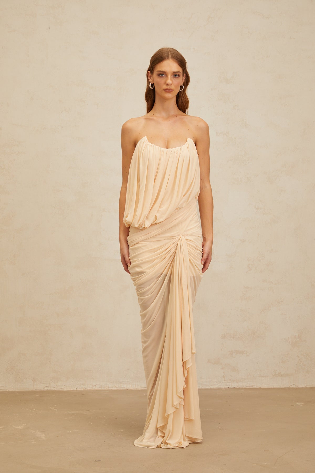 Neutrals Draped Ruched Maxi Dress
