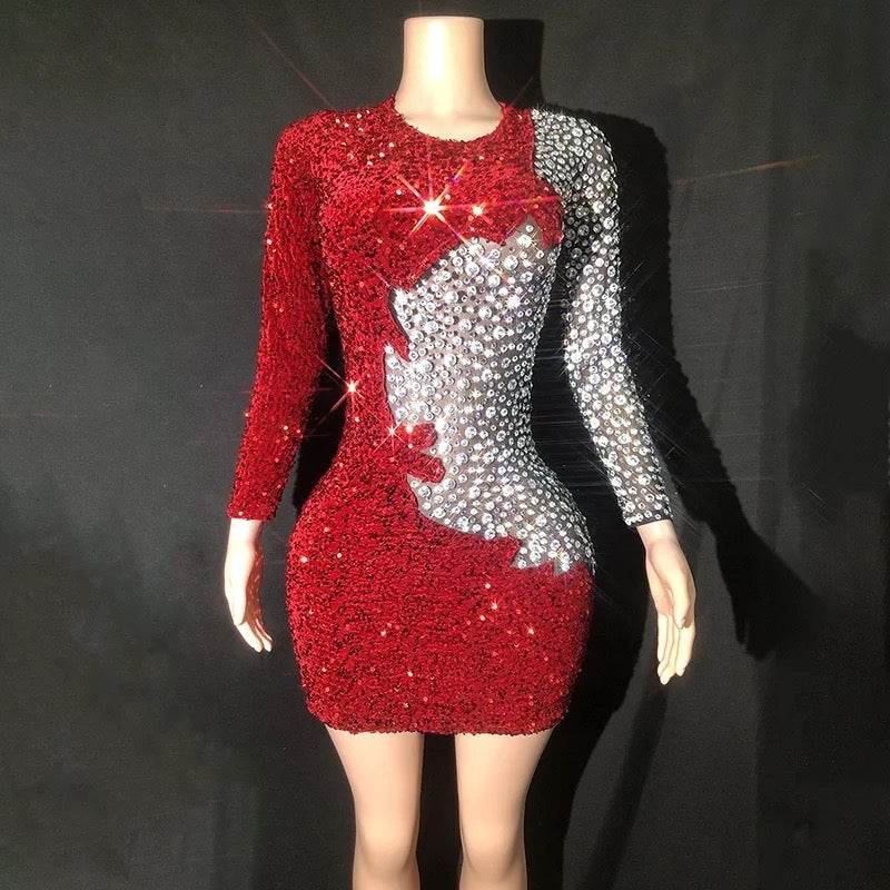 Sequin Rhinestone Patchwork Dress - REBECATHELABEL