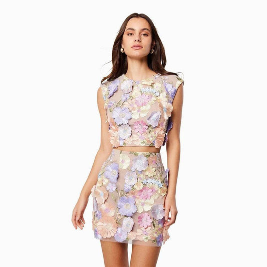 Lace Embroidered Flower Sleeveless Short Top Mini Skirt 2 - REBECATHELABEL