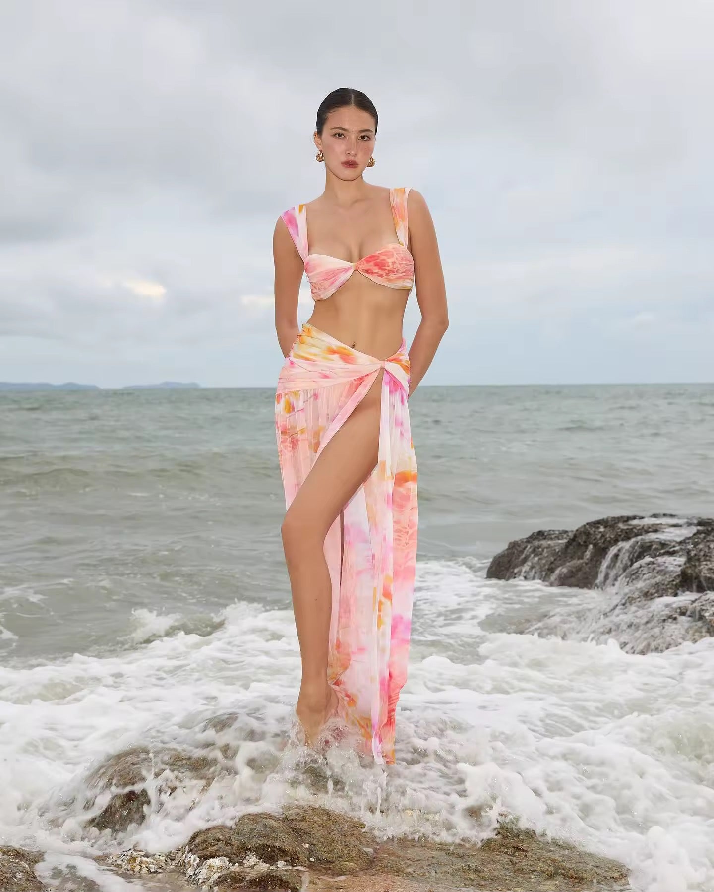 Ruched Print Cover Up Maxi Vestidos Holiday Beach set