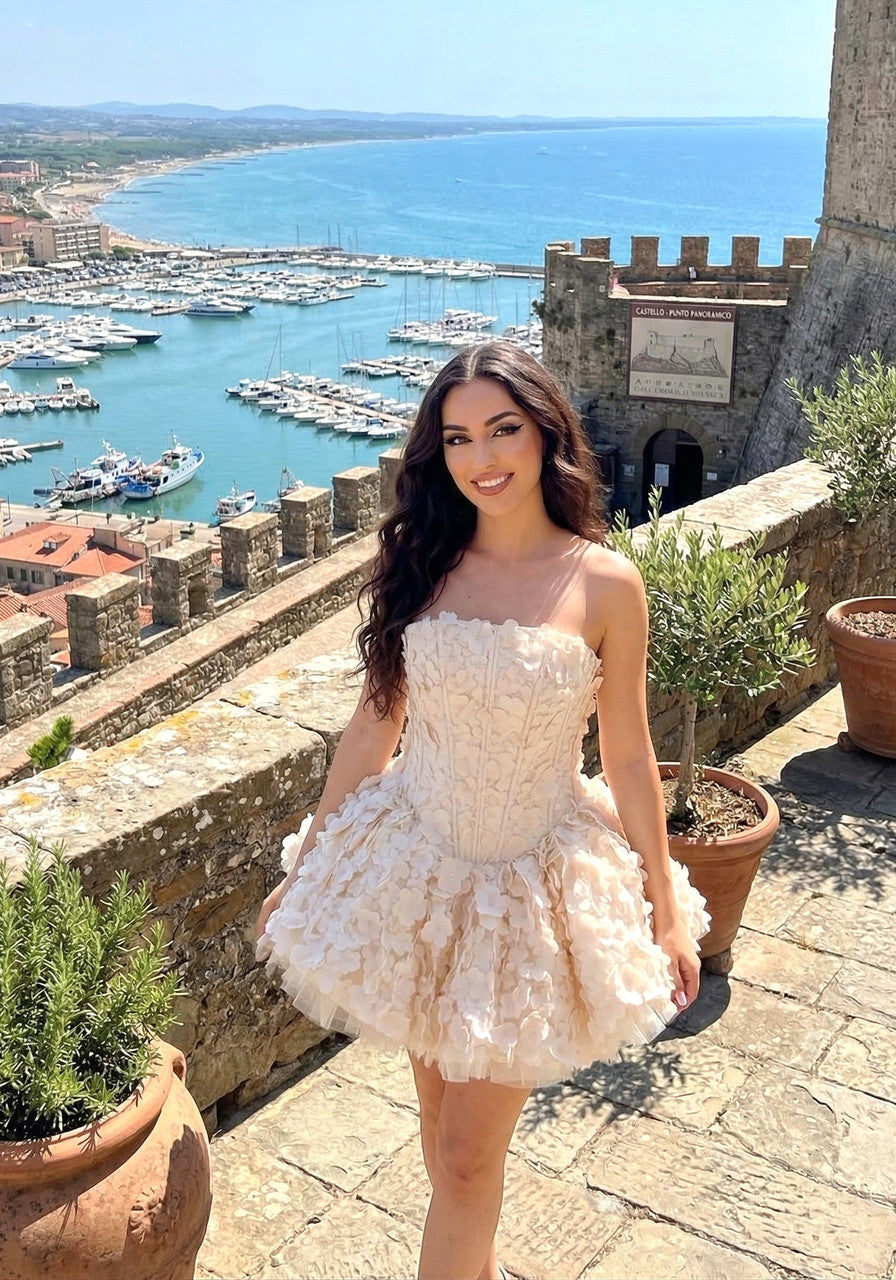 Floral Petal A Line Corset Dress Ivory