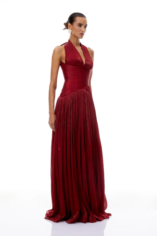 Red Gathered Maxi Dress