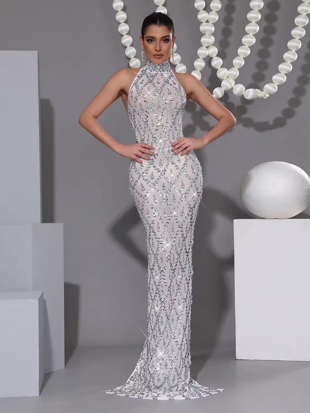 Shining Diamond Sequins Mesh Long Dress Evening Prom Birthday Dress