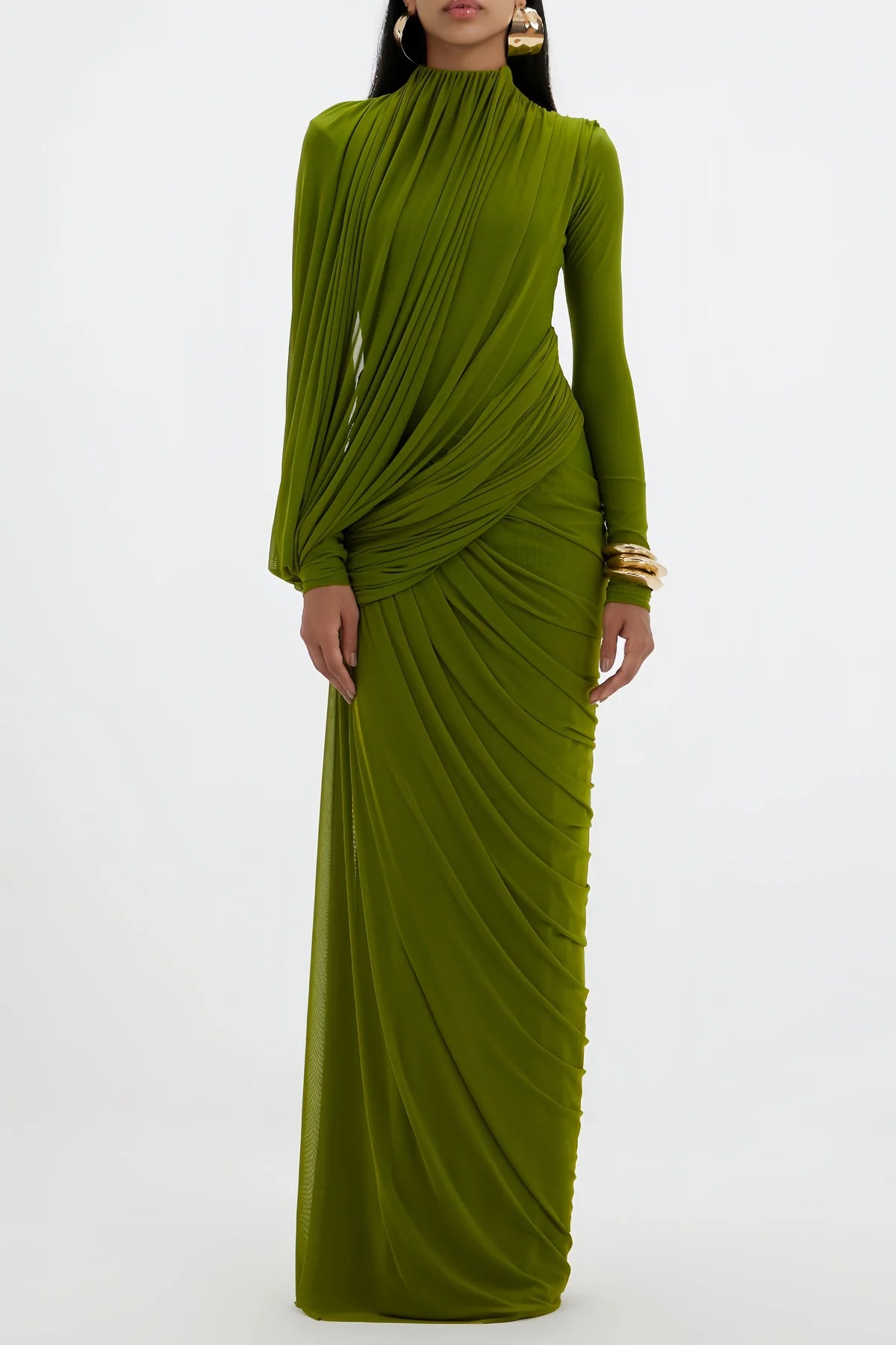Green Asymmetrical Ruched Maxi Dress