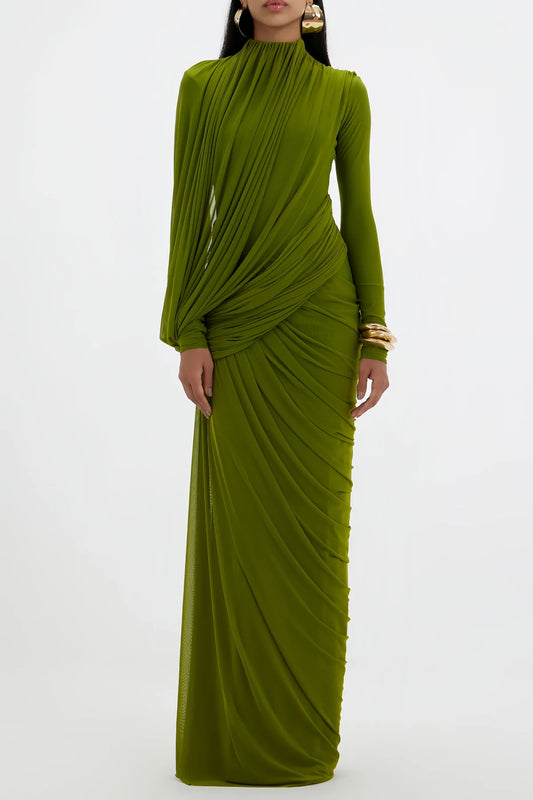 Green Asymmetrical Ruched Maxi Dress