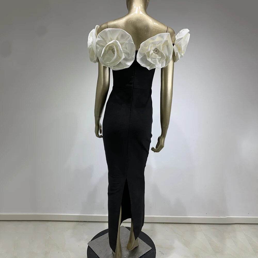 Off Shoulder 3D Flower Design Tight Long Bandage Dress - REBECATHELABEL