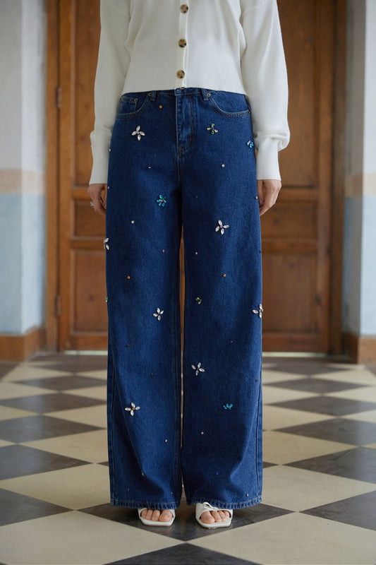 Blue Crystal Floral Jeans
