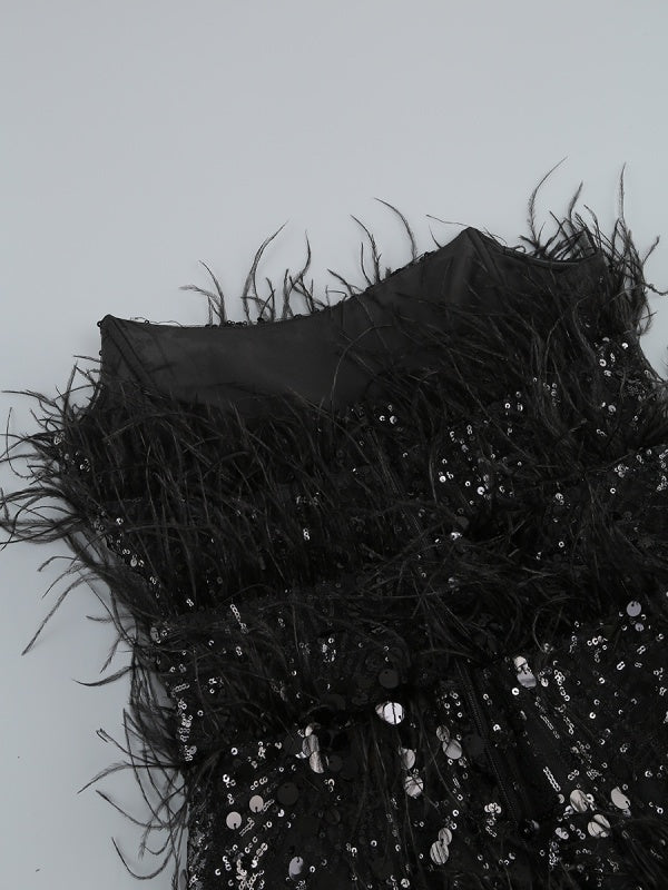 Sleeveless Feather Strapless Backless Sequin Maxi Dress