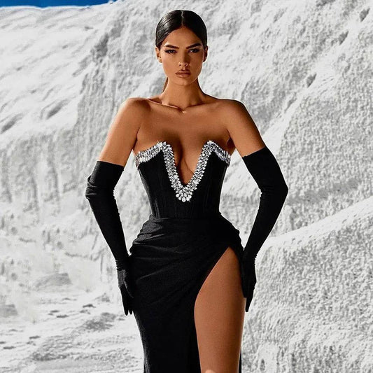 Diamond Strapless Deep V-neck High Split Ball Dress - REBECATHELABEL