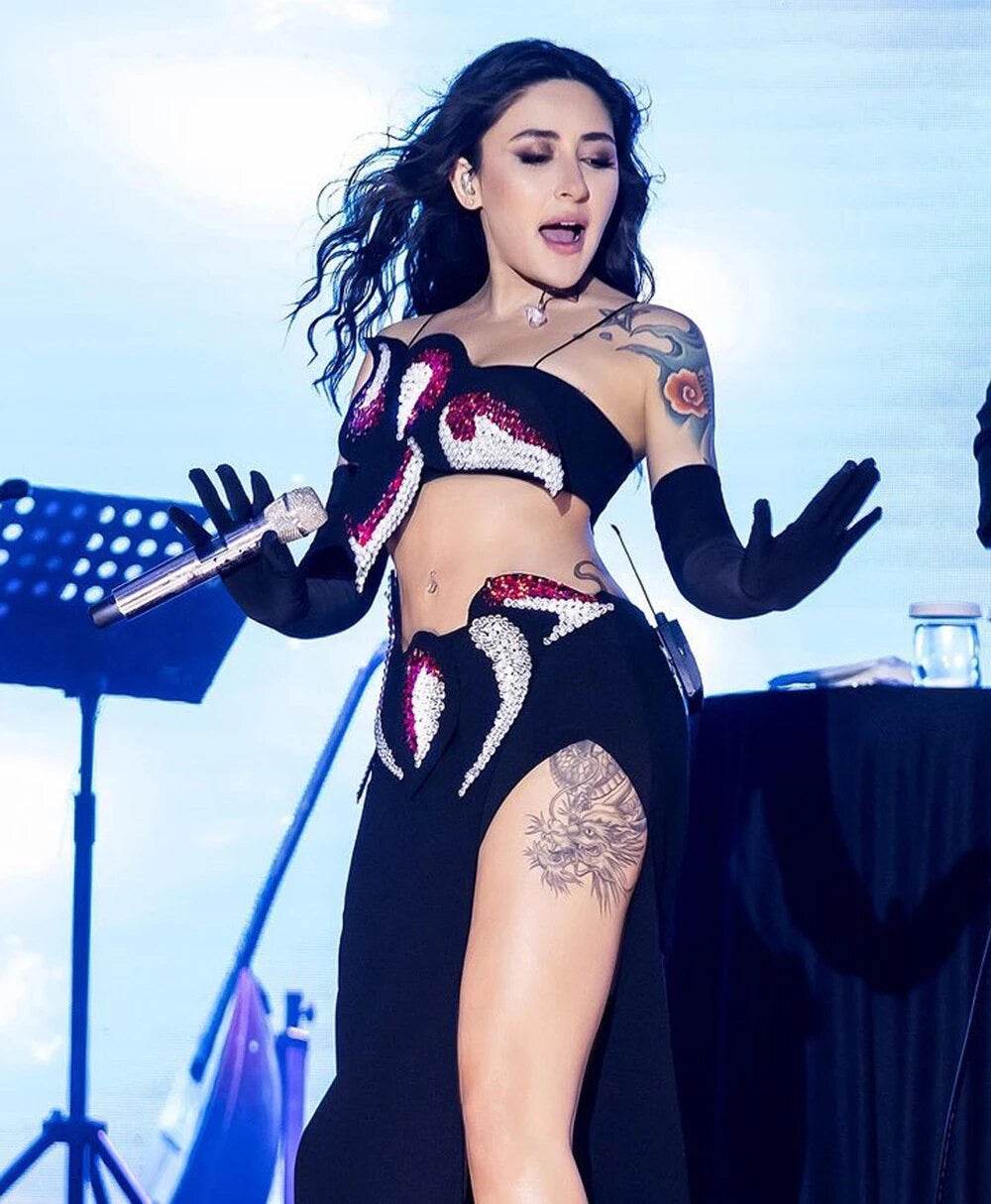 Diamond Off Shoulder Short Top High Split Long skirt - REBECATHELABEL