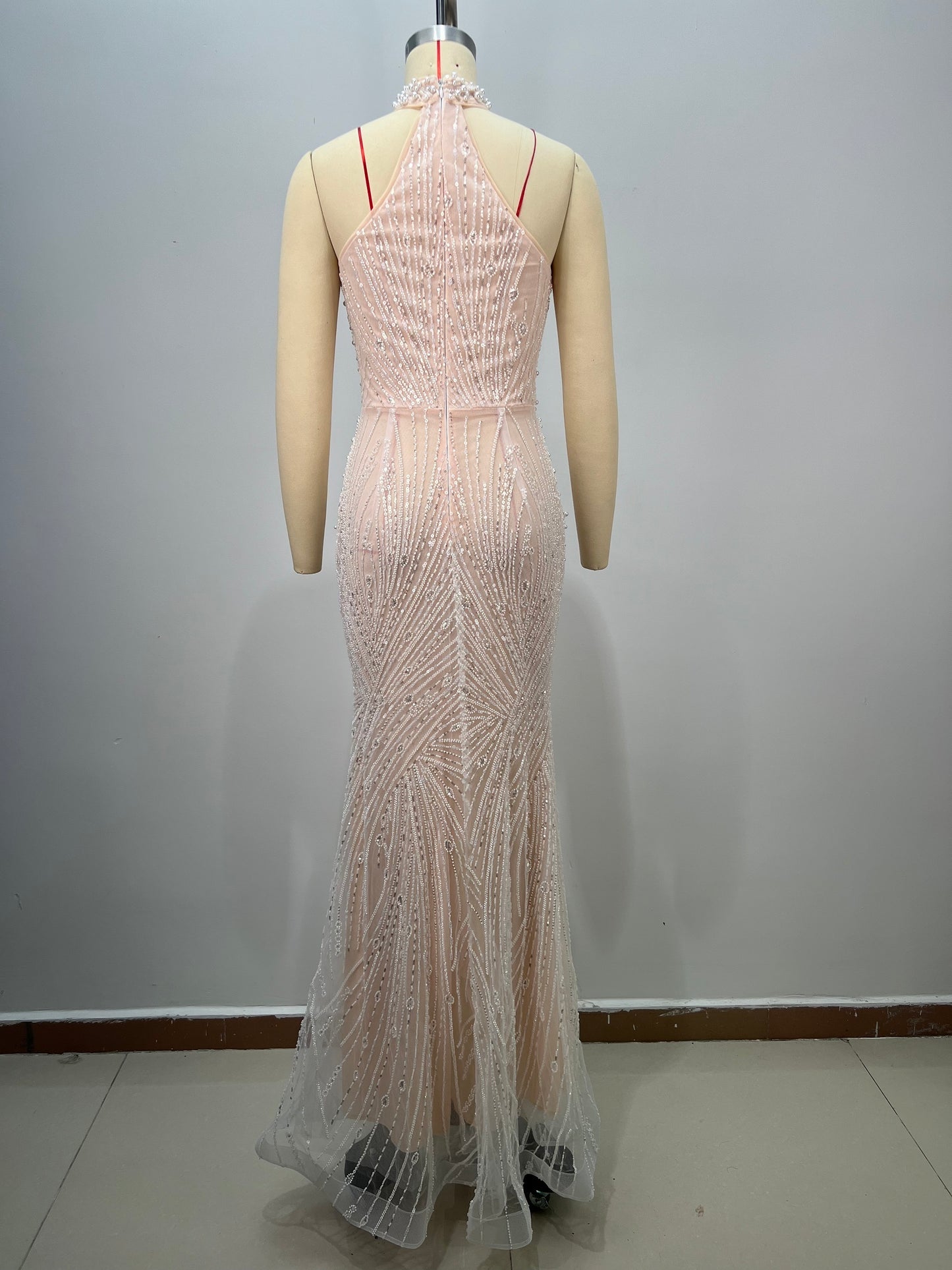 Pearls Diamonds Embellished Gown High Halter Neck Bare Shoulder Empire Waist dress