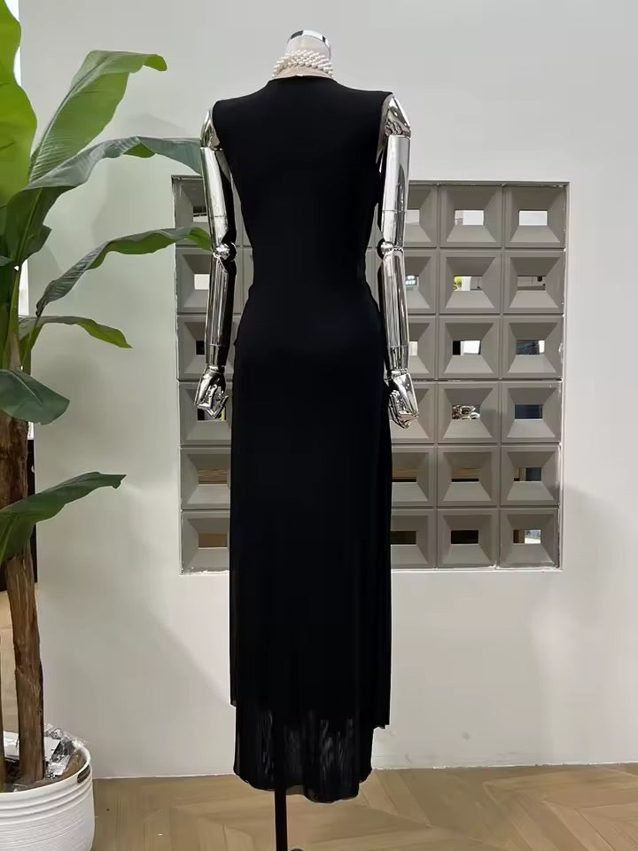 Mesh Folds Cross Weaving Design Bodycon Long Dress