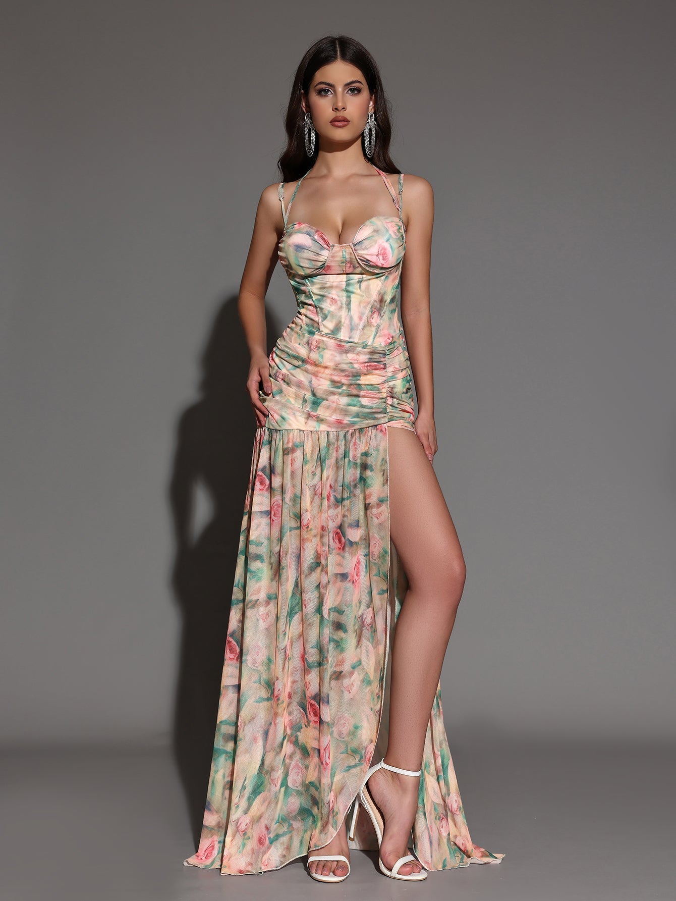 Floral Print Strap Stacked Ruched High Split Tunic Maxi Long Dress
