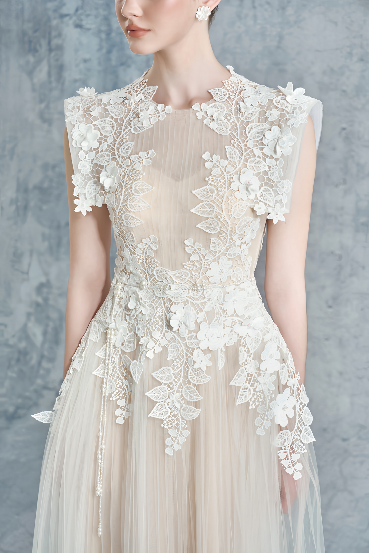 Flower-appliqué Tulle Midi Dress