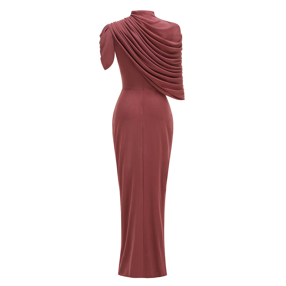 Red Wrap-Ruched Turtleneck Evening Gown dress