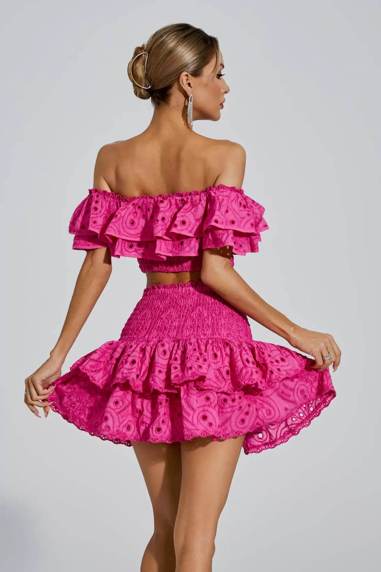 Pink Floral Ruffle Off-Shoulder Set - REBECATHELABEL