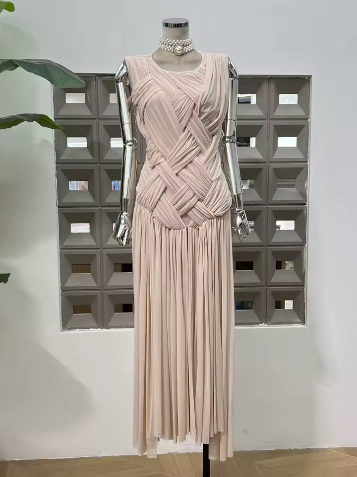 Mesh Folds Cross Weaving Design Bodycon Long Dress