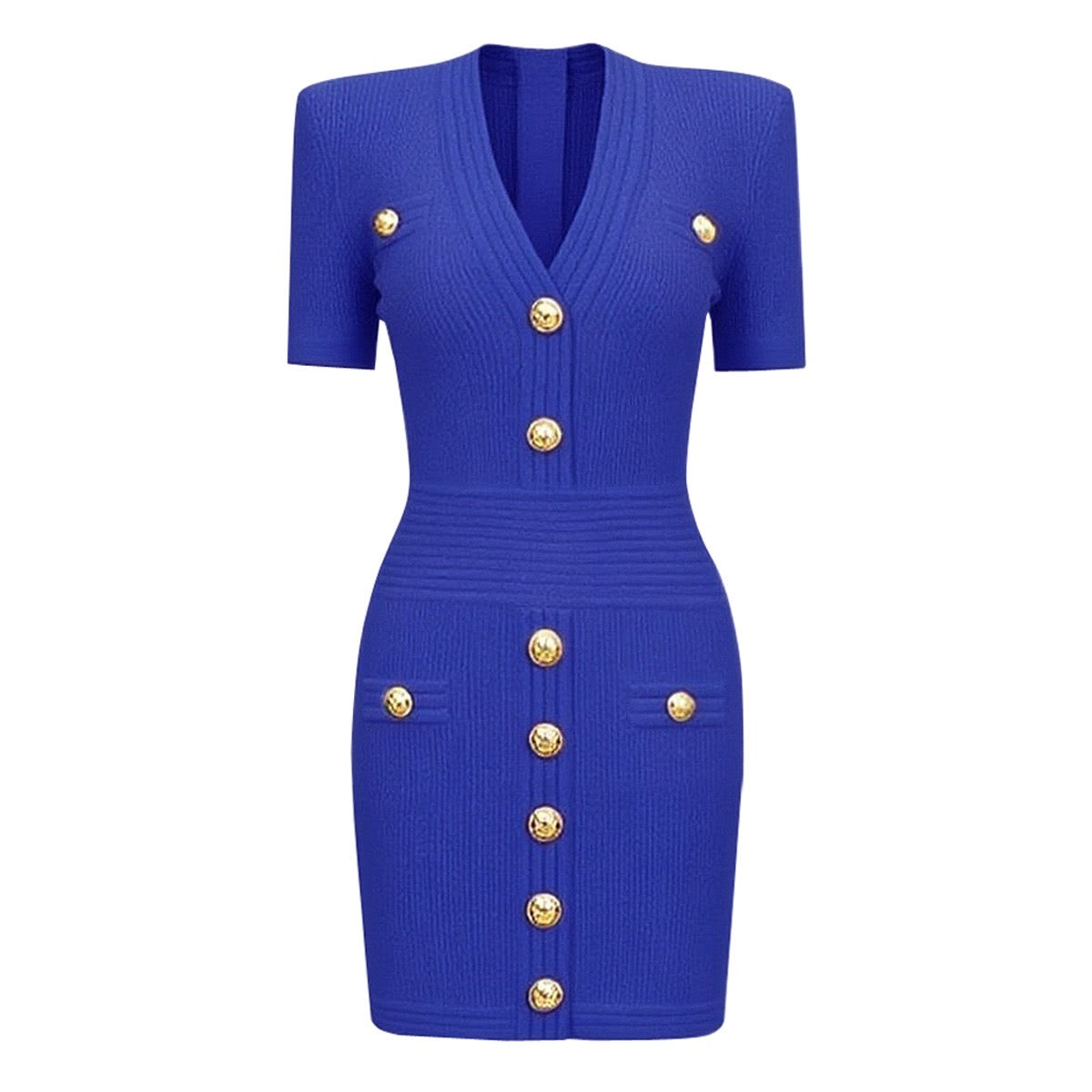 V-Neck Knitted Short Skirt With Rivet Buckle Short Sleeved dress