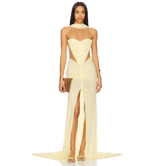 Halter Neck Mesh Pleats Sweetheart Bodice Patchwork dress