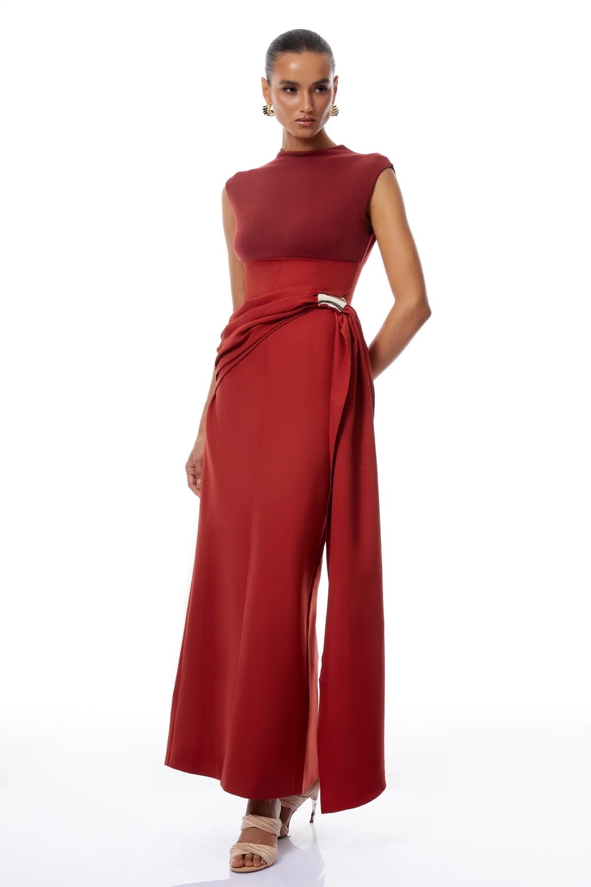 Red Knit Panel Gathered Maxi Dress