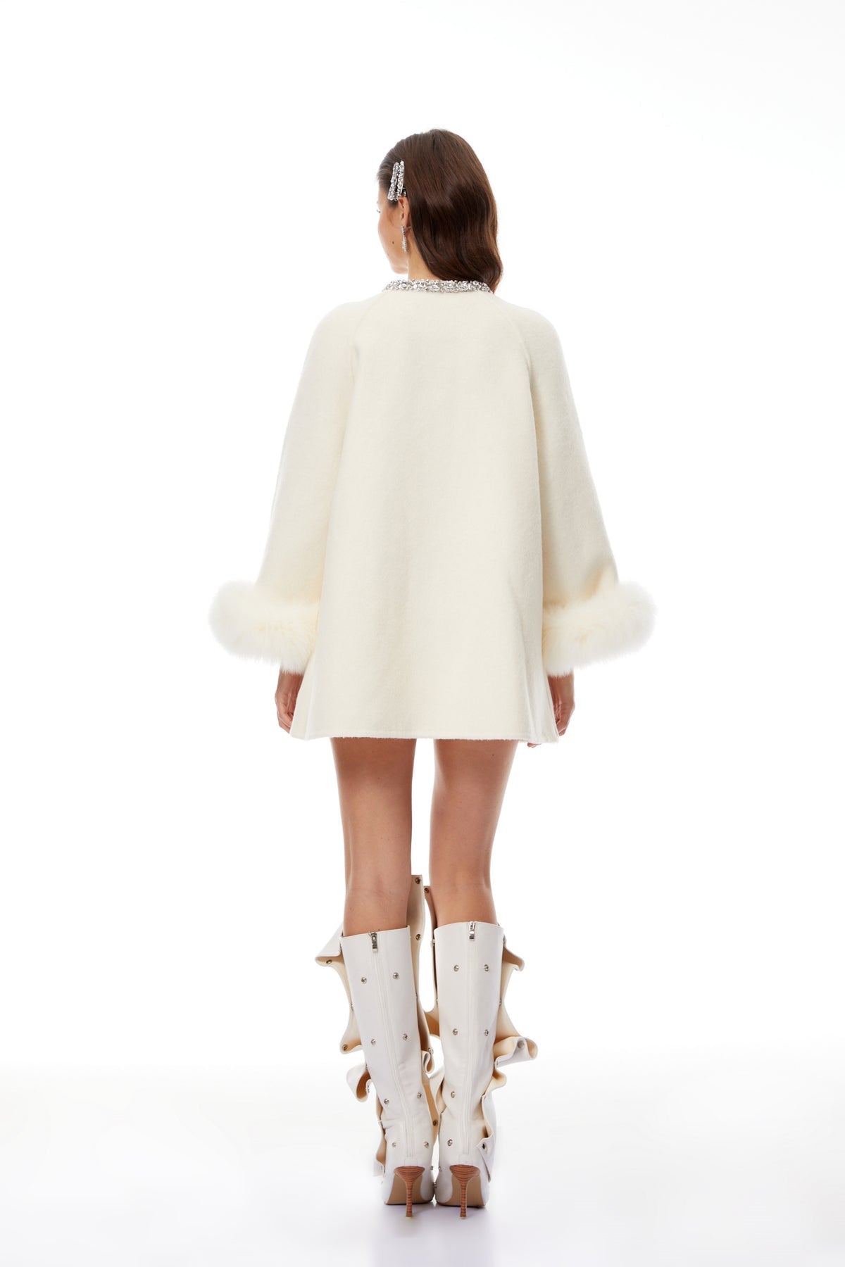 White Fur Trim Embellished Wool Coat