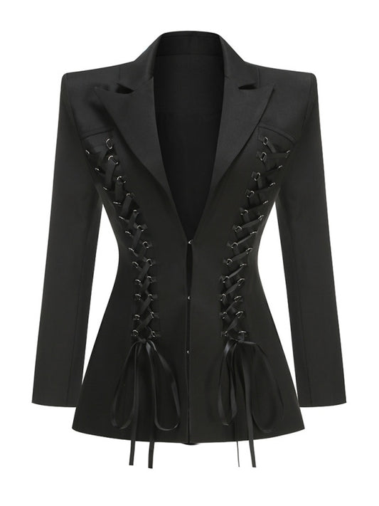 Crisscross Lace Up Suit Black Lapel V Neck Long Sleeve Bodycon Blazer Dress