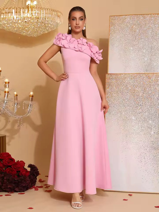 Pink Appliques A-line Dress Slanted Collar High Waist Pleats Long Dress