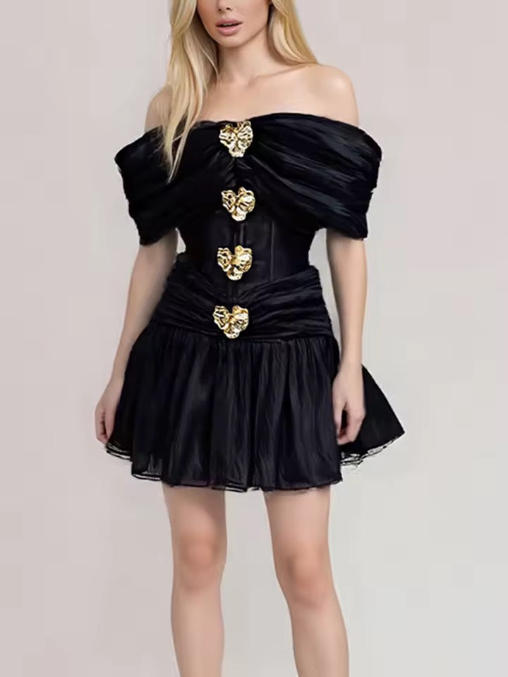 Off The Shoulder Sleeve Metal Buckle Patchwork Mini Dress