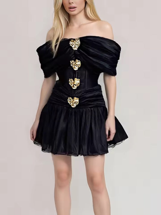 Off The Shoulder Sleeve Metal Buckle Patchwork Mini Dress