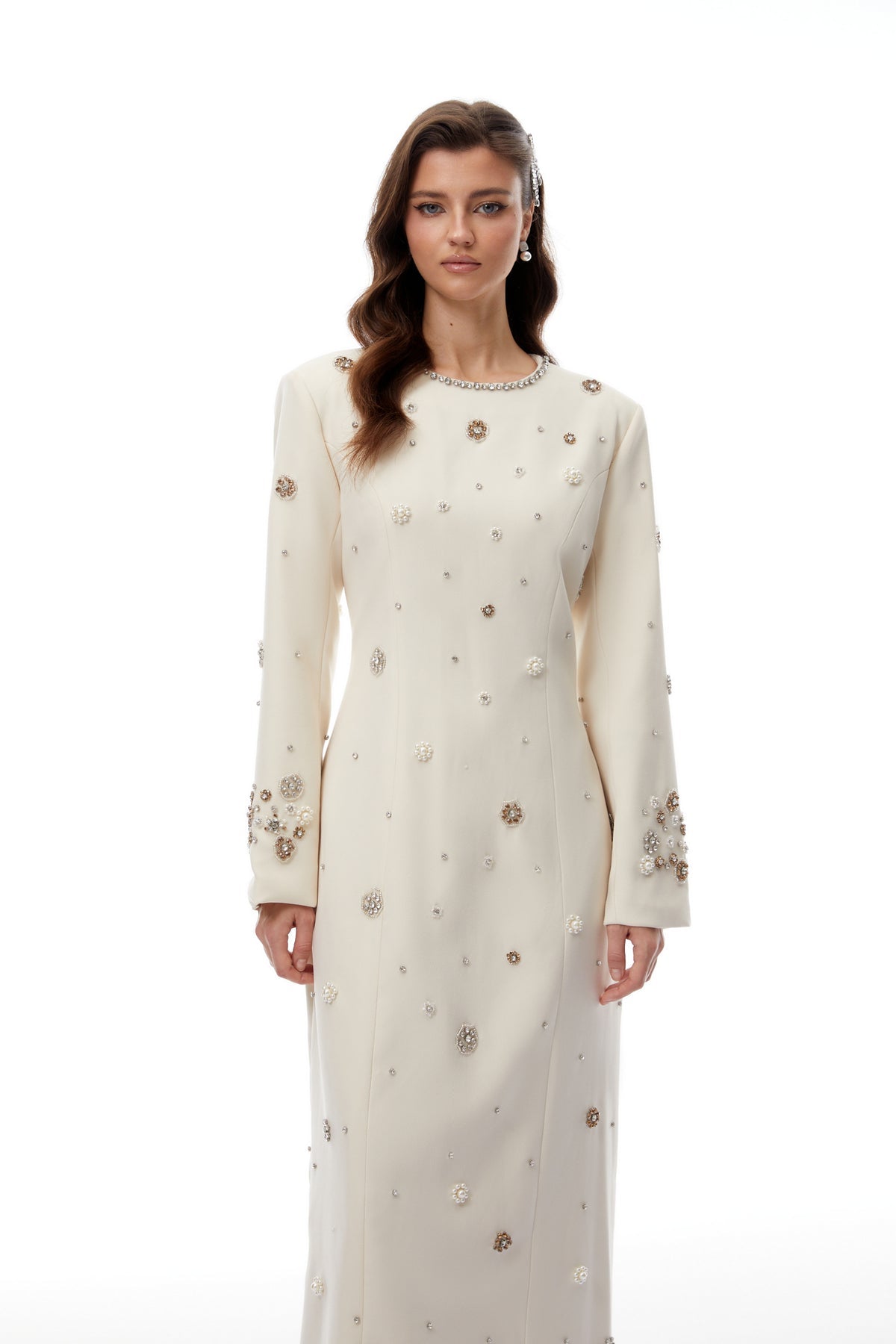 Cream White Fully Embellished Maxi Dress