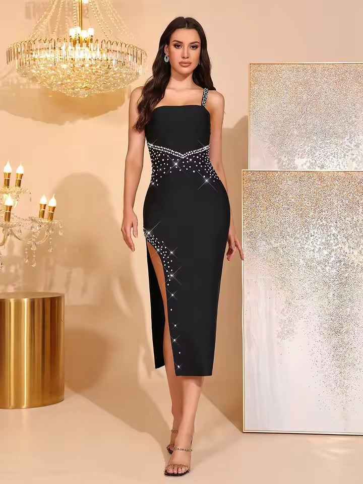 One Shoulder Shinning Diamond Bodycon Midi Bandage Dress