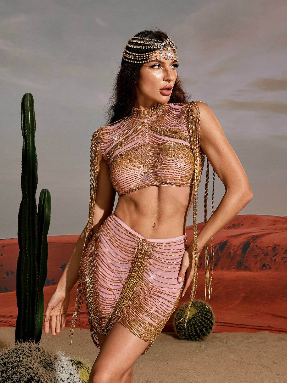 Crystal Chain Skirt Set In Gold - REBECATHELABEL