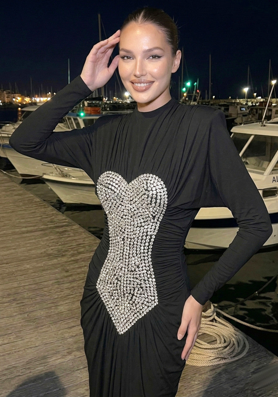 Long Sleeve Crystal Front Draped Maxi Dress Black