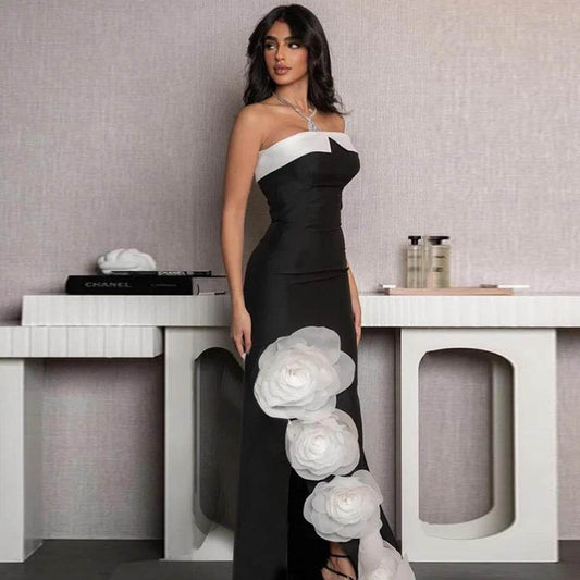 Splicing Strapless 3D Flower Sexy Split Mermaid Long Bandage Dress - REBECATHELABEL