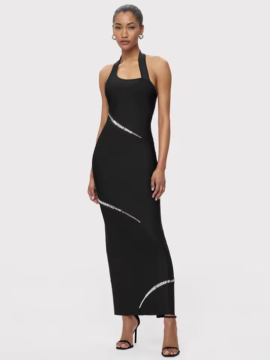 Diamonds Backless Halter Black Maxi Long Bodycon Bandage Dress