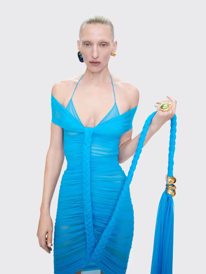 Halter Neck Patchwork Twist Knot Rope Folds Long Dress