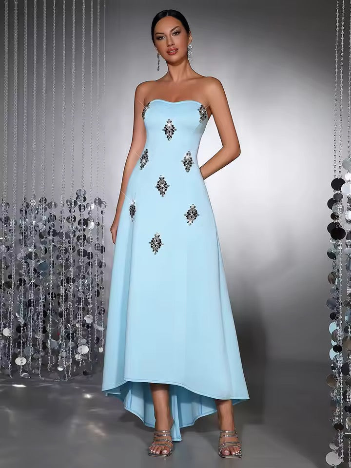 Solid Diamond Elegant Strapless Sleeveless High Waist Asymmetric Long Dress