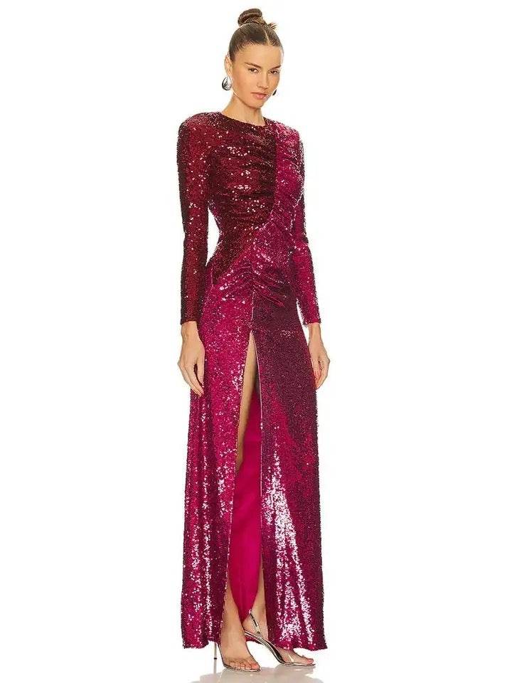 Sequins Long Sleeve Tight High Split Long Dress - REBECATHELABEL